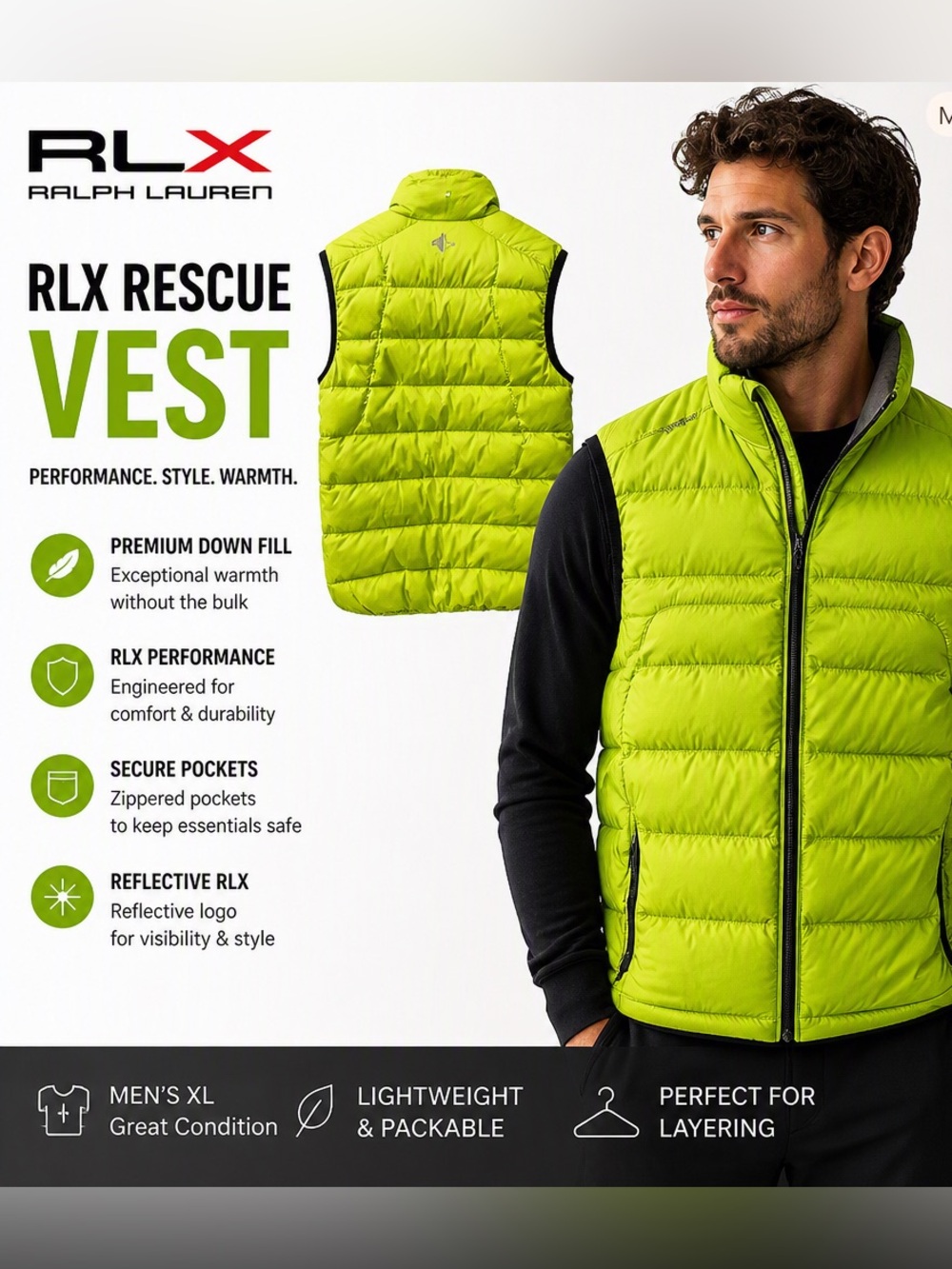 RLX Ralph Lauren Rescue Green Down Vest – Men’s S (NWT)